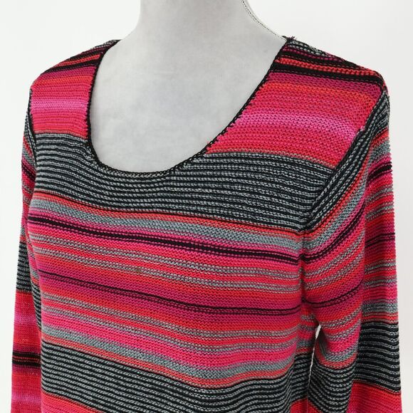 Sigrid Olsen Sport Sweater Womens Large Pink Black Stripe Sleeves Hem Fringe - Picture 8 of 13